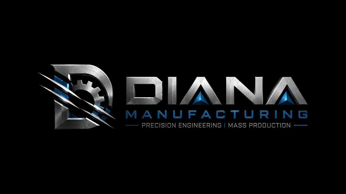 Diana Manufacturing logo designed by JWD: a brushed metal D with a gear and blue accents, for a precision engineering business