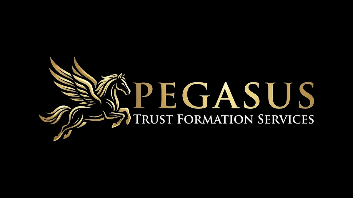 Pegasus Trust Formation Services logo designed by JWD: a gold winged horse beside a serif wordmark