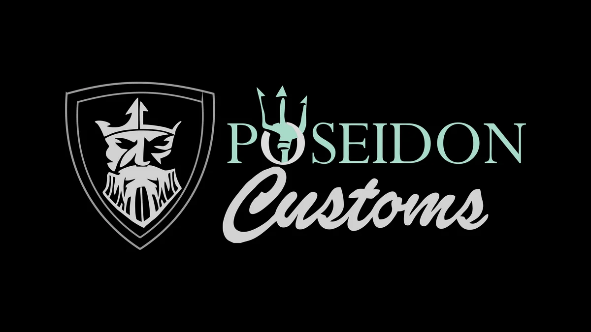 Poseidon Customs logo designed by JWD: a shield with Poseidon's crowned face and a trident rising from the wordmark