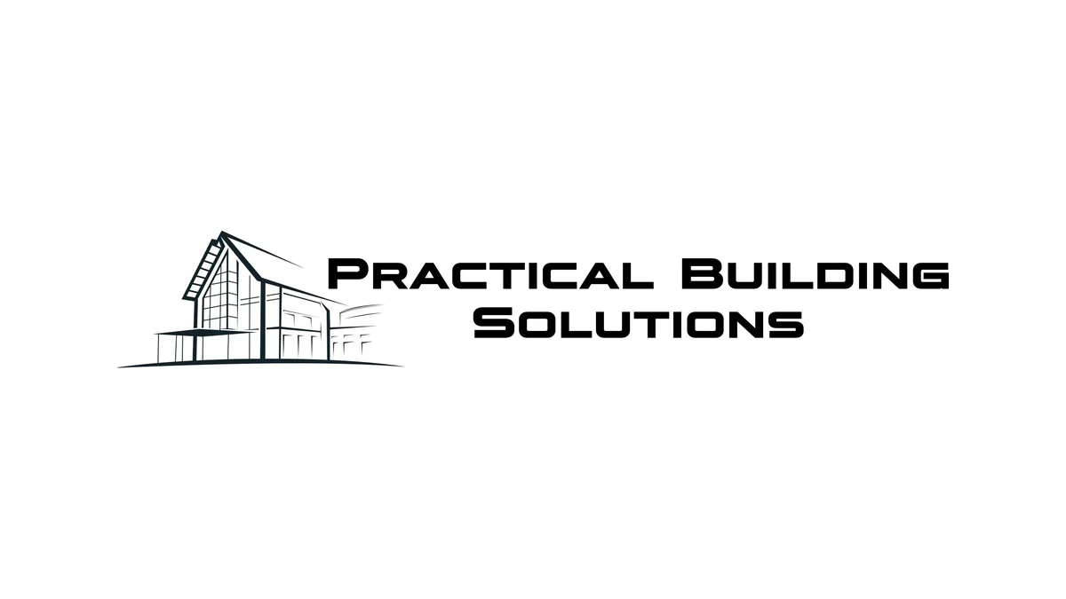 Practical Building Solutions logo designed by JWD: a line drawing of a modern building beside a bold wordmark
