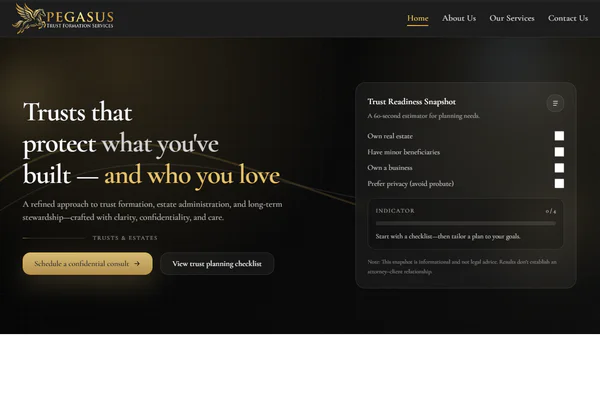 Pegasus Trust Formation Services website designed by JWD