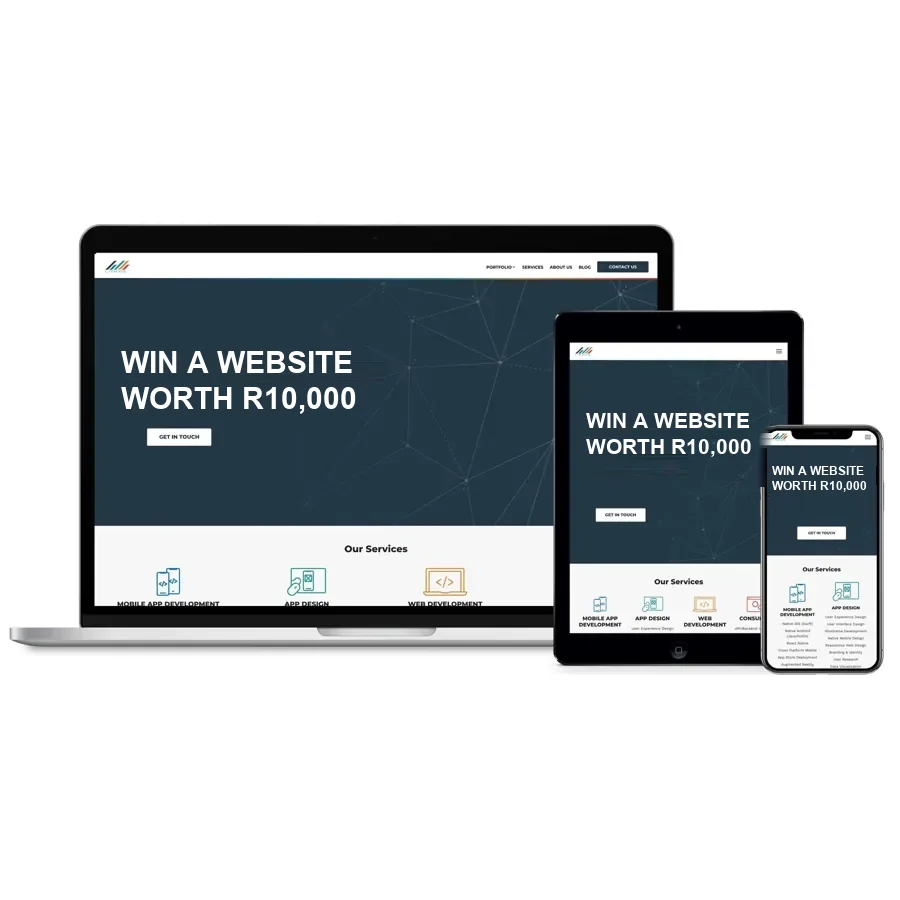 A website shown on a laptop, tablet and phone with the headline Win a website worth R10,000